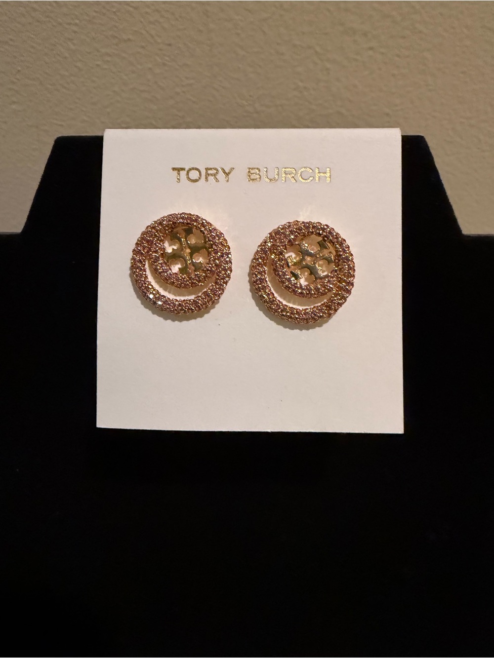 Tory Burch Rose Gold Glitter Logo Stud Earrings